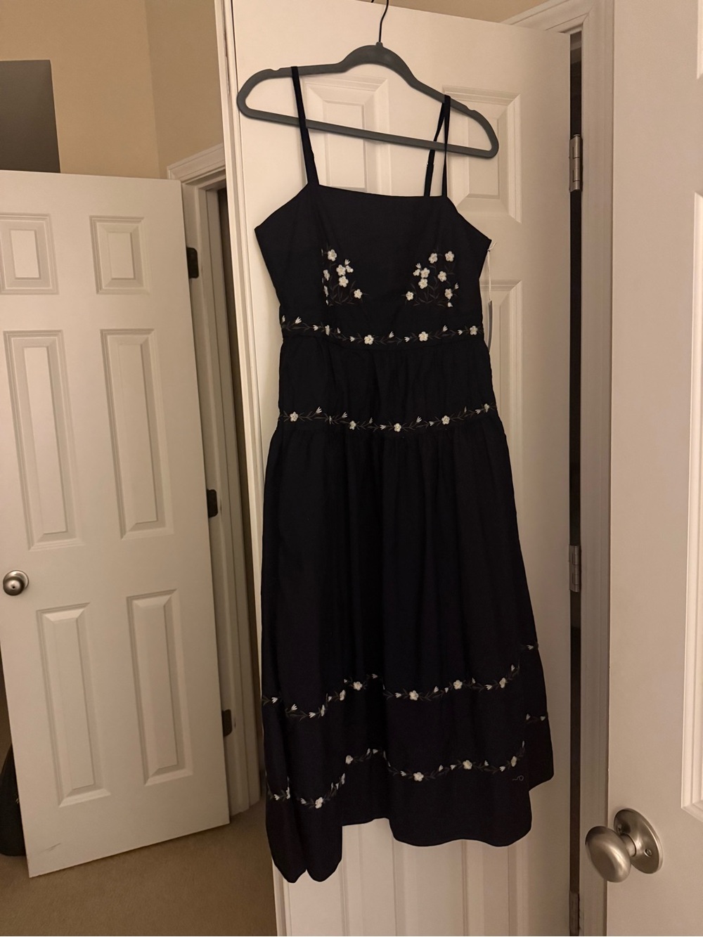 Women’s Navy Midi Dress with Delicate Floral Embroidery